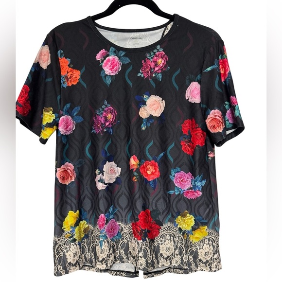 Johnny Was Active Black and Rose Lace Cross Back Tee Size Small - Picture 2 of 5